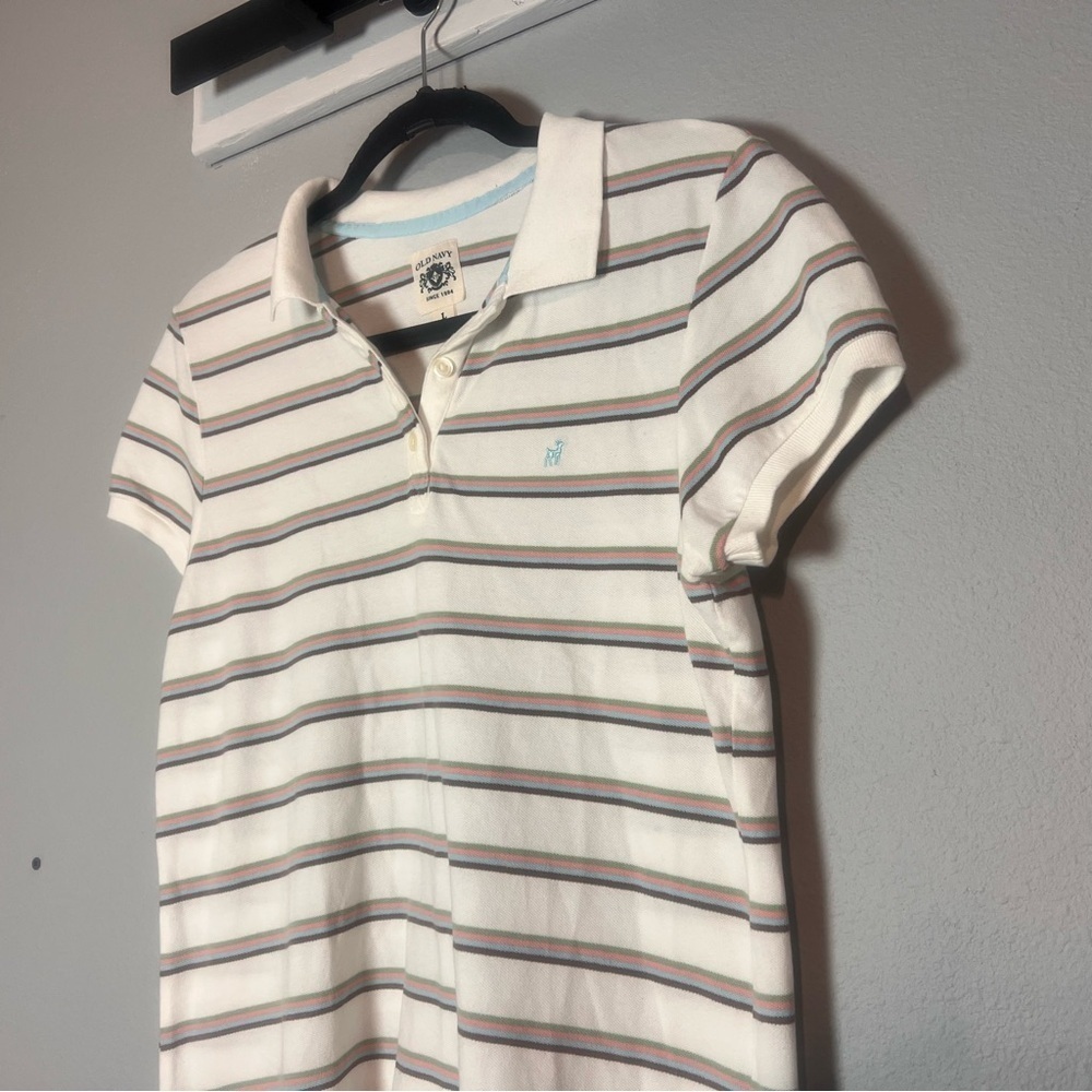 Vintage Old Navy Polo Shirt Striped Cream Brown Green Blue Womens Size Large Y2K